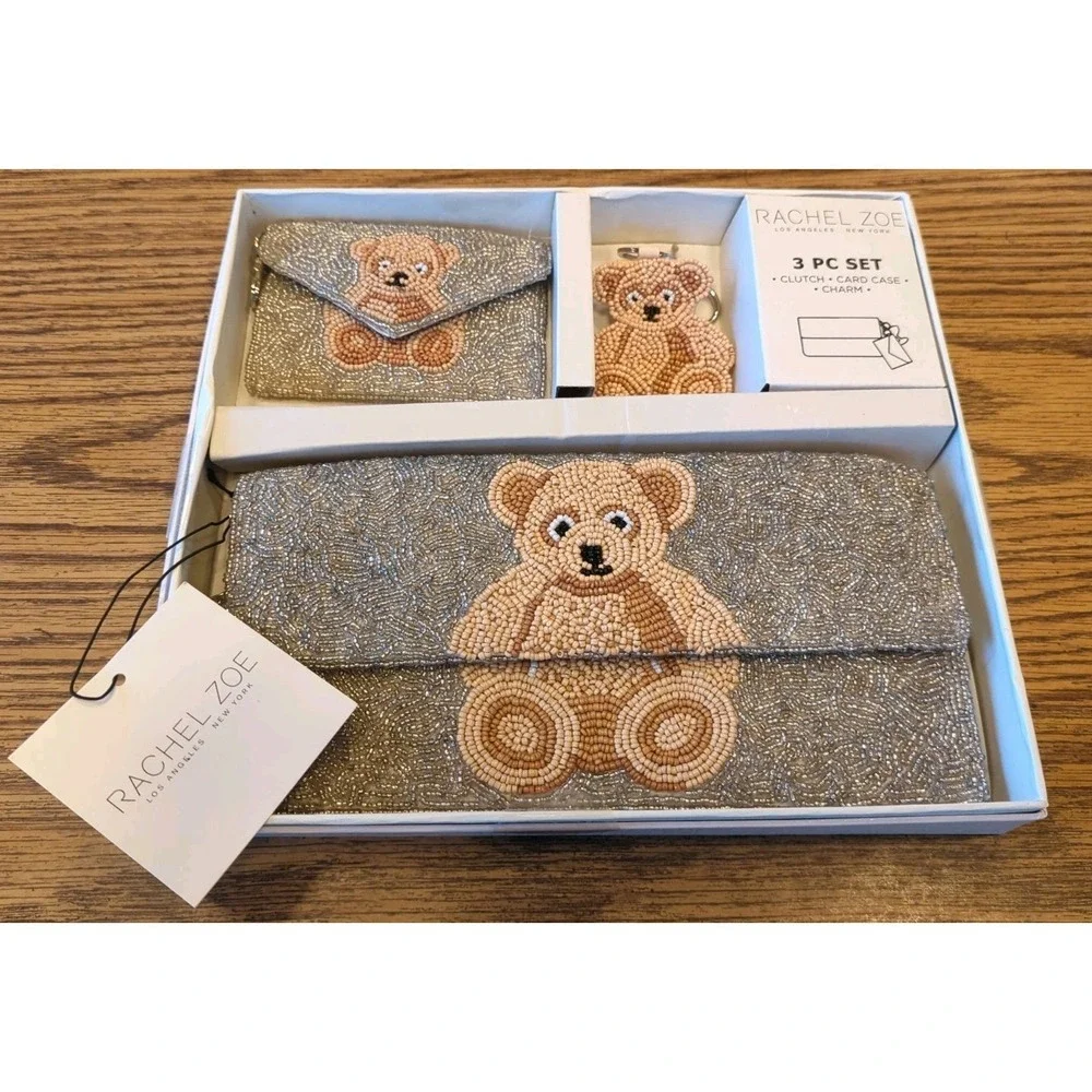 NEW Rachel Zoe Teddy Bear Beaded Clutch Wallet and Key Chain 3-Piece Set Ret $98